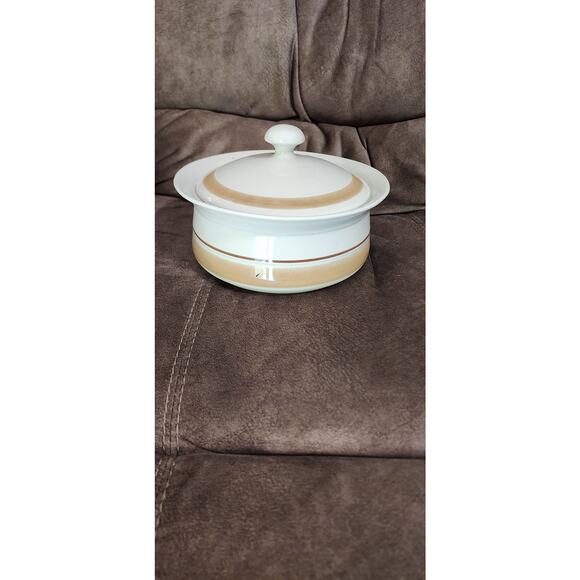 Vintage 1980s Hearthside Serving Bowl, Ceramic Stoneware Tan and Brown bands - Picture 1 of 6